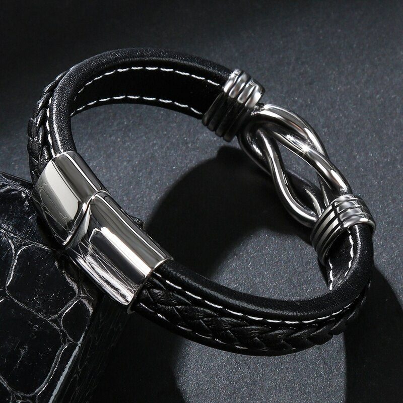 Bold men’s punk leather bracelet crafted with titanium steel. Durable, stylish, and edgy—perfect for daily wear, street fashion, and biker looks.