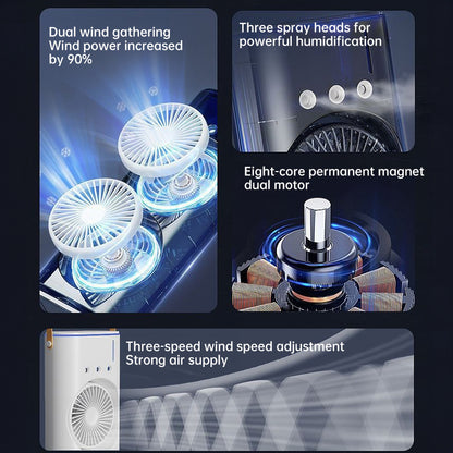 Rechargeable mini fan with spray mist cooling and LED light. Compact, quiet, and refreshing—ideal for desktop, bedroom, and small room ventilation.