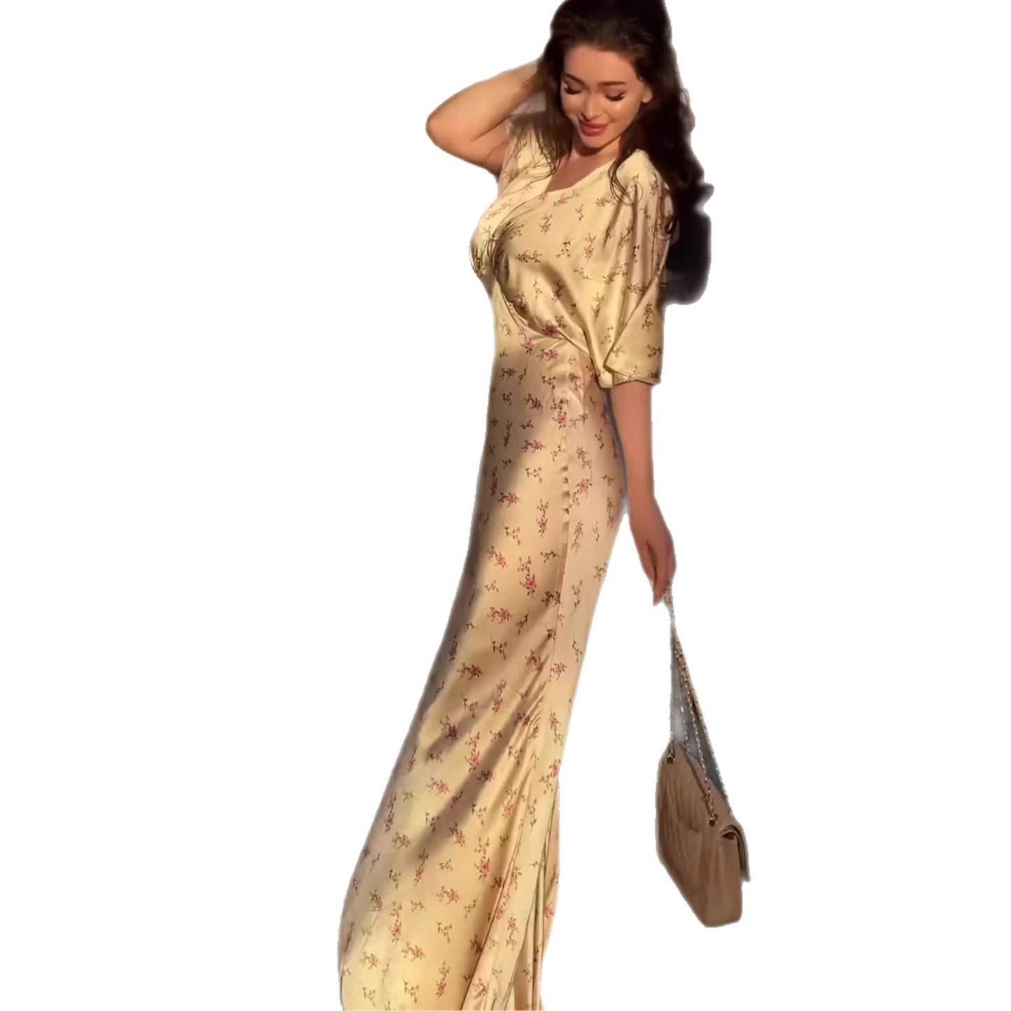 Women's Vintage Floral Puff Sleeve V-Neck Maxi Dress – Champagne & Black