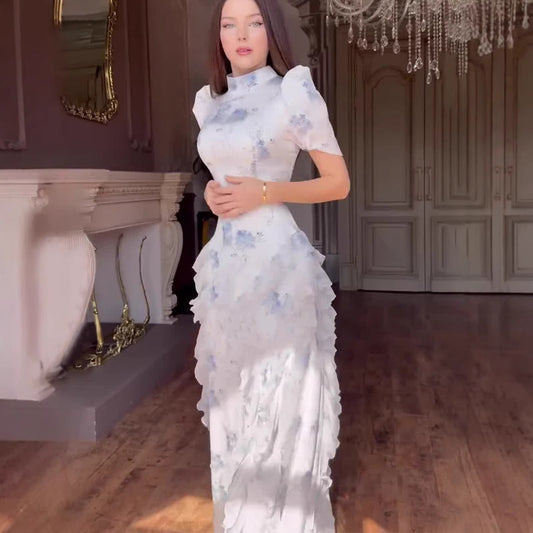 Robe longue moulante pour femme à manches courtes, col haut et imprimé floral vintage – Style littéraire