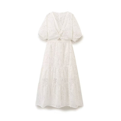 Women's Bow & Hollow Embroidery A-Line Midi Dress | White