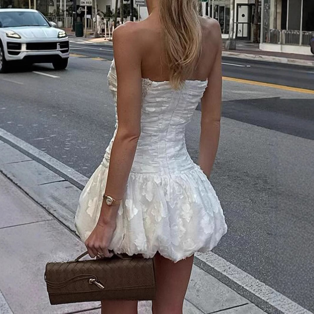 White Off-Shoulder Pleated Mini Dress - Sleeveless Bubble Hem