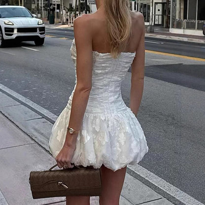 White Off-Shoulder Pleated Mini Dress - Sleeveless Bubble Hem