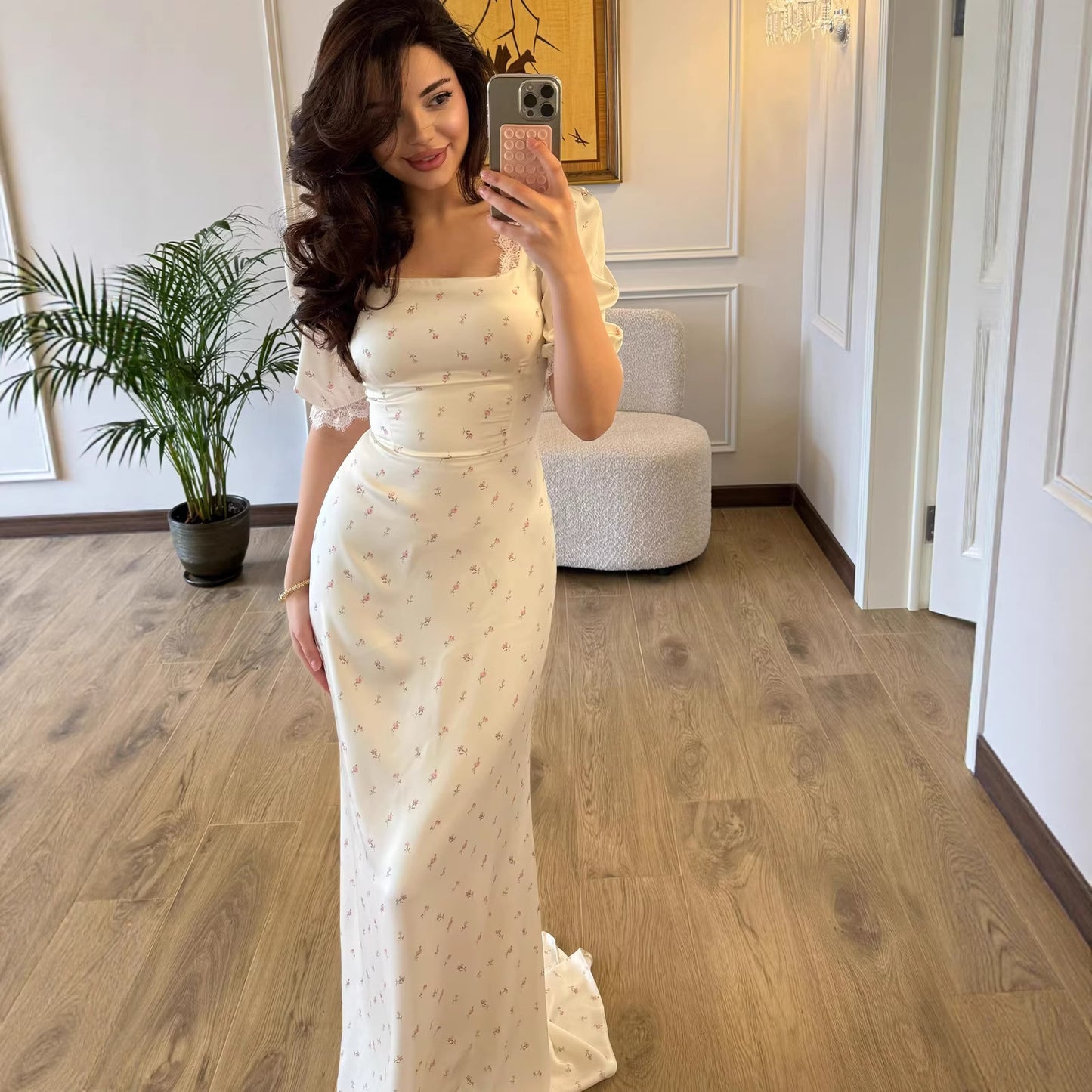 Elegant 3D Print Long Sleeve Maxi Dress – A-Line Belted Lace Trim Women’s Spring Fashion