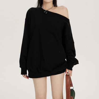 Women's Off Shoulder Sweatshirt – Loose Fit Long Sleeve Cotton Pullover Top