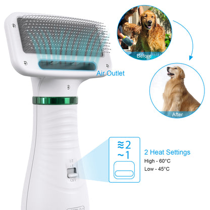 2-in-1 Portable Dog Hair Dryer & Brush - Low Noise Pet Grooming Blower