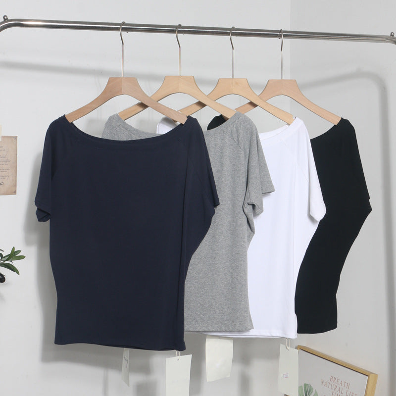 Zarusky Women's Off Shoulder Slanted Collar Loose Fit Blouse – Short Sleeve Cotton Top