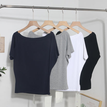 Zarusky Women's Off Shoulder Slanted Collar Loose Fit Blouse – Short Sleeve Cotton Top