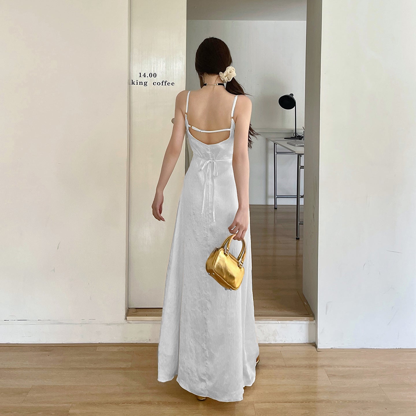 Satin Camisole Waist Bag Hip Long Skirt - White V-Neck Sleeveless Midi Dress