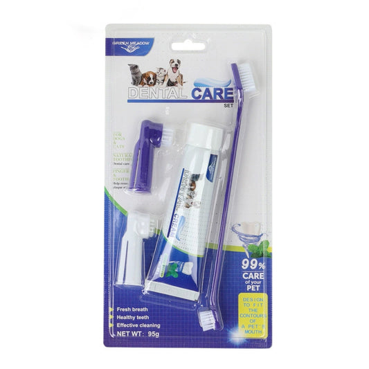 Complete pet dental care set with toothpaste, toothbrush, and finger brush. Gently cleans teeth, reduces plaque, and keeps dog and cat breath fresh.