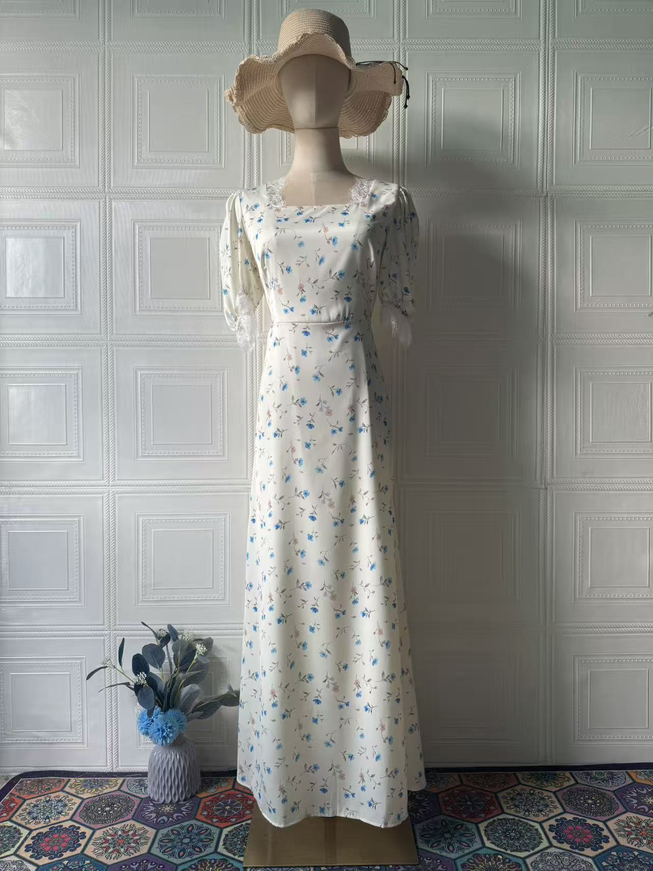 Elegant Floral Print Long Sleeve Dress – A-Line Lace Trim Fitted Women’s Spring Fashion