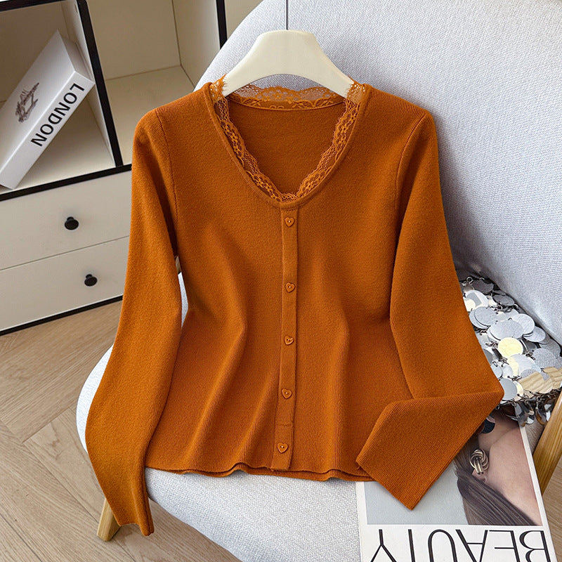 Lace Trim Round Neck Knit Sweater - Long Sleeve Pullover