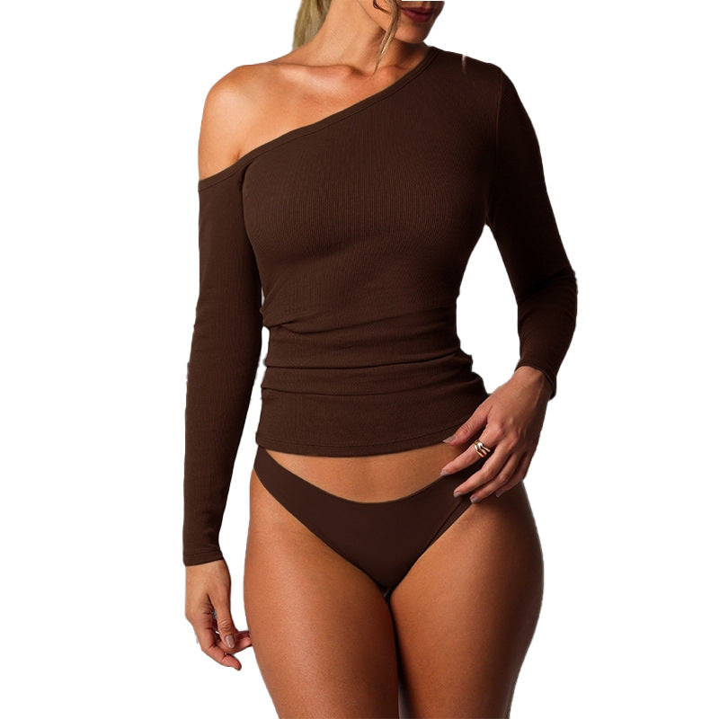 Zarusky Slanted Shoulder Off Shoulder Long Sleeve Top – Versatile Slim Fit Women's Shirt