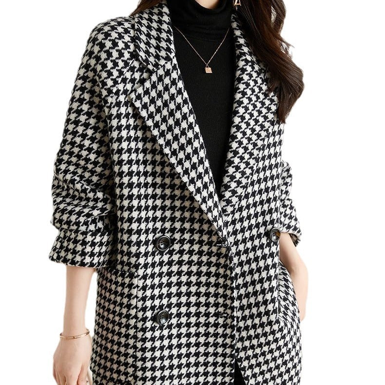 Women’s Luxe Houndstooth Wool Coat – Tailored Winter Outerwear | Elegant Premium Long Coat