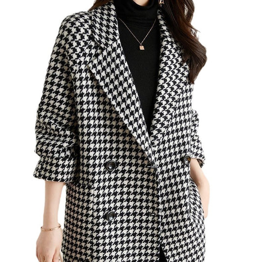 Women’s Luxe Houndstooth Wool Coat – Tailored Winter Outerwear | Elegant Premium Long Coat