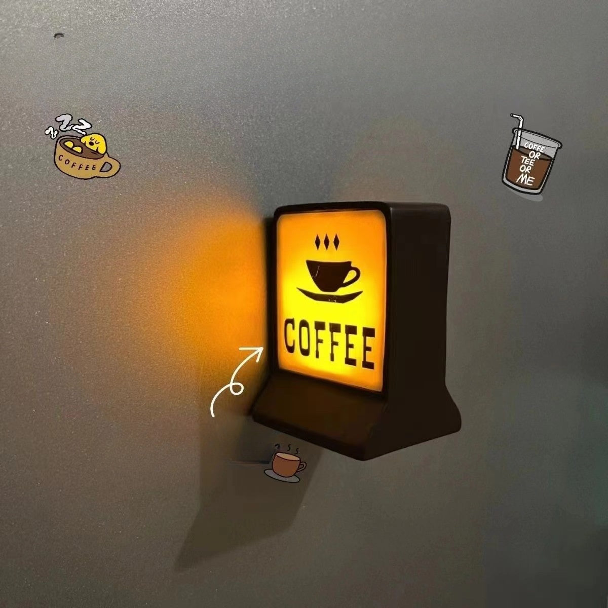 Creative magnetic refrigerator lightbox sticker inspired by convenience stores. Features LED lighting for decorative display and fun collectible use.