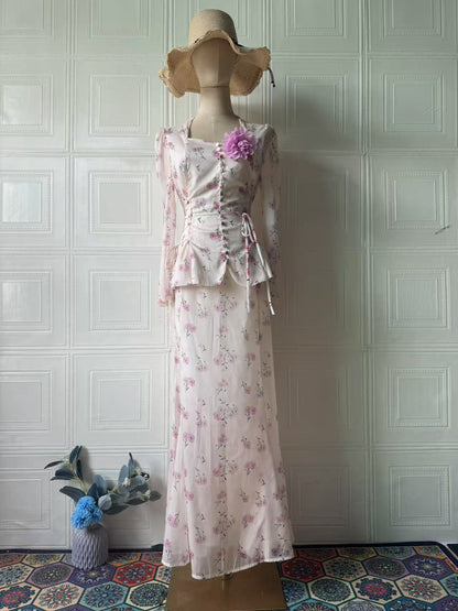 Women's Spring Floral Puff Sleeve Dress Set – Elegant Sweet Feminine Two-Piece