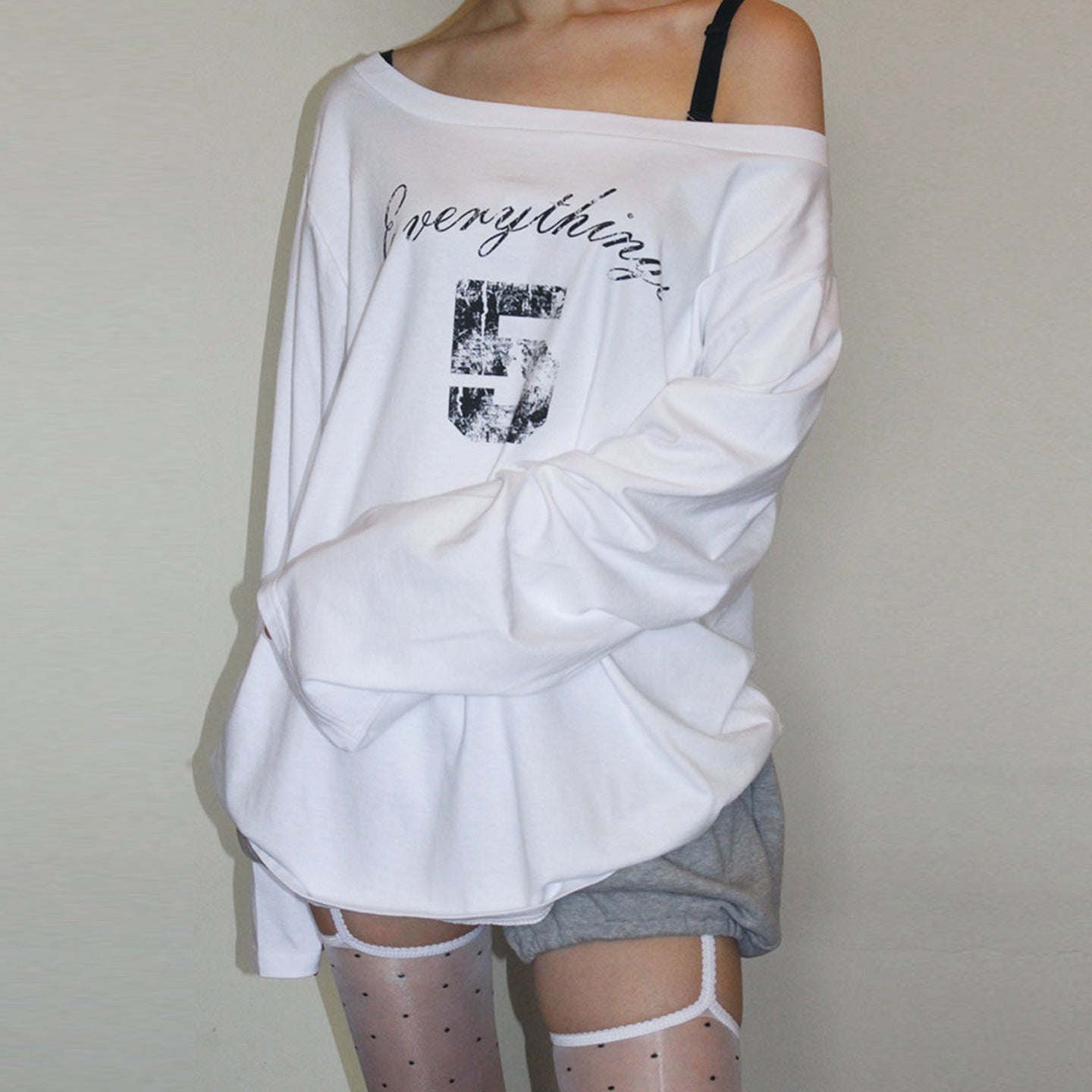 Zarusky Slanted Collar Off Shoulder Letter Print Top – Loose Fit Long Sleeve