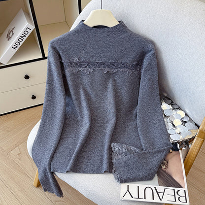 Lace Trim Halter Neck Knit Top - Hollow Out Long Sleeve