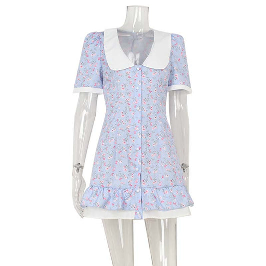 Printed V-Neck A-Line Mini Dress - High Waist Ruffle Hem