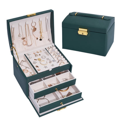 Three-Layer Leather Drawer Jewelry Box – Light Luxury Earrings & Stud Storage with Lock