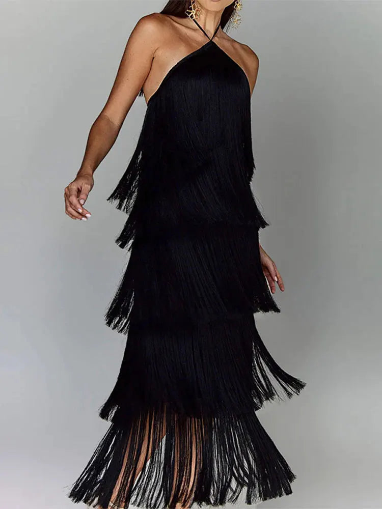 Robe longue à glands de couleur métallisée à licou tendance - Robe ajustée sans manches dos nu à lacets