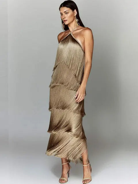 Robe longue à glands de couleur métallisée à licou tendance - Robe ajustée sans manches dos nu à lacets