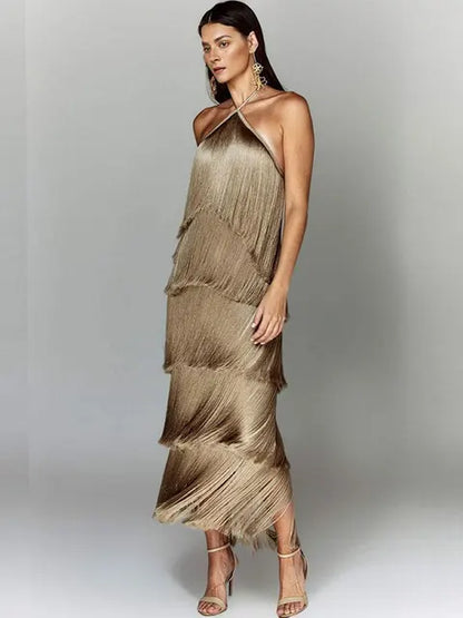 Robe longue à glands de couleur métallisée à licou tendance - Robe ajustée sans manches dos nu à lacets