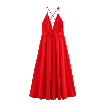 Women's Backless V-Neck Loose Maxi Dress | Red