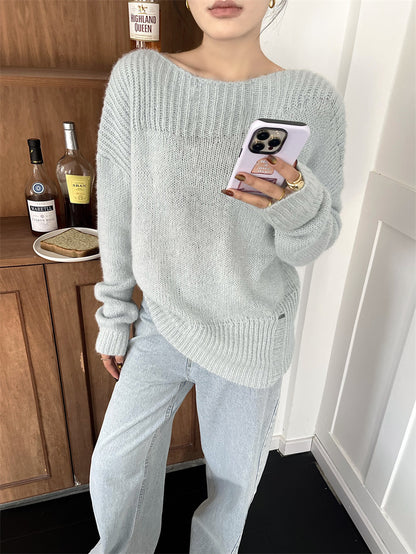 Zarusky Off Shoulder Loose Knit Sweater – Ripped Slanted Collar High-End Top