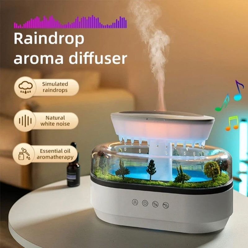 Raindrop-style aroma humidifier with soothing LED lights and white noise. Gently diffuses essential oils to create a calm, relaxing home environment.e.