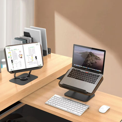 360° rotating adjustable book stand with elastic clips. Hands-free reading for cookbooks, laptops, tablets, and documents—stable, flexible, and space-saving.