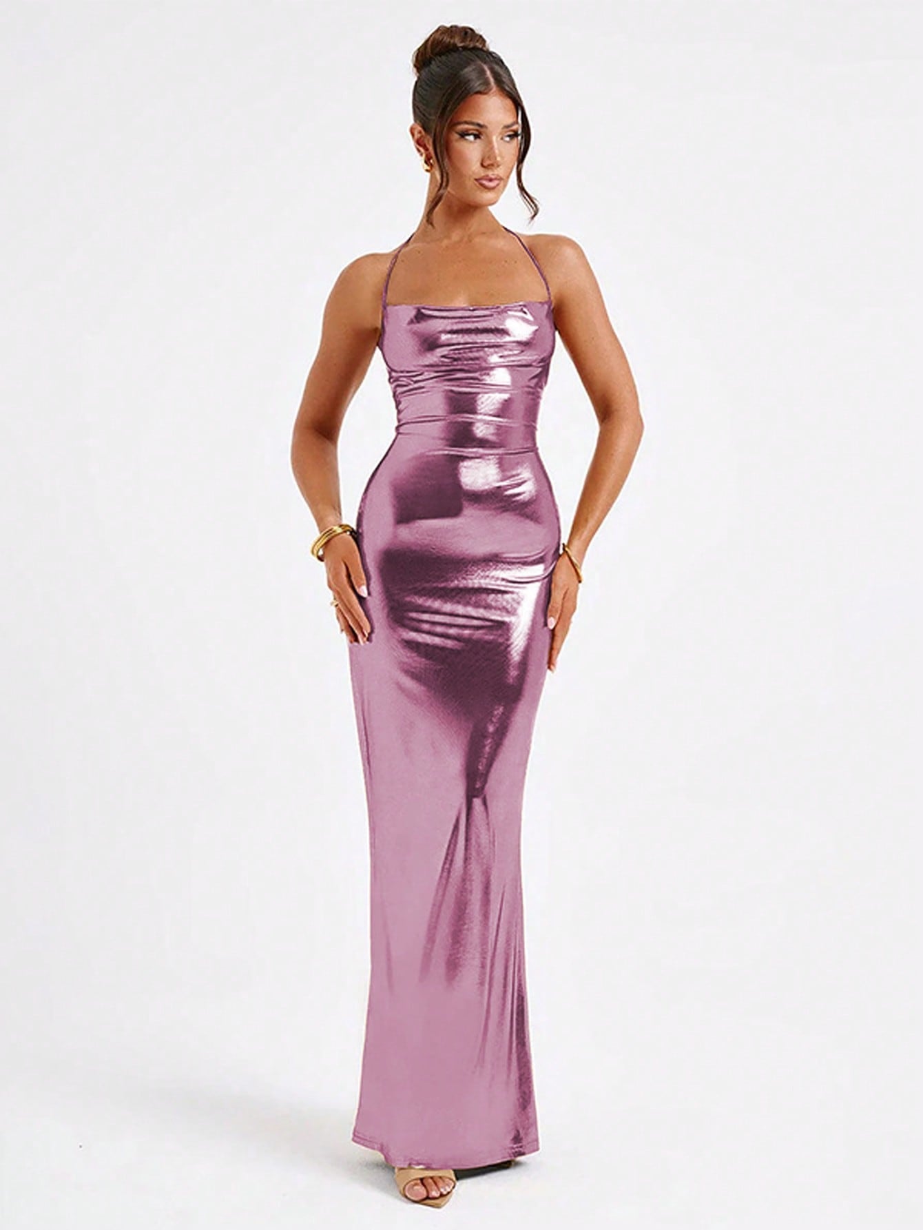Elegant Solid Color Halter Neckline Chest Cutout Shiny Metallic Backless Dress