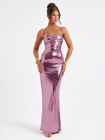 Elegant Solid Color Halter Neckline Chest Cutout Shiny Metallic Backless Dress