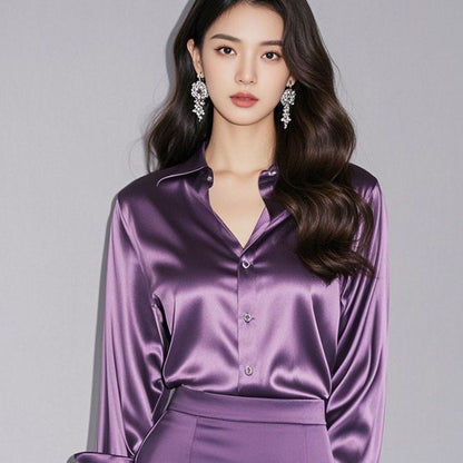 Women’s High-Quality Acetate Satin Shirt – Dark Green Long Sleeve | Elegant Luxury Blouse