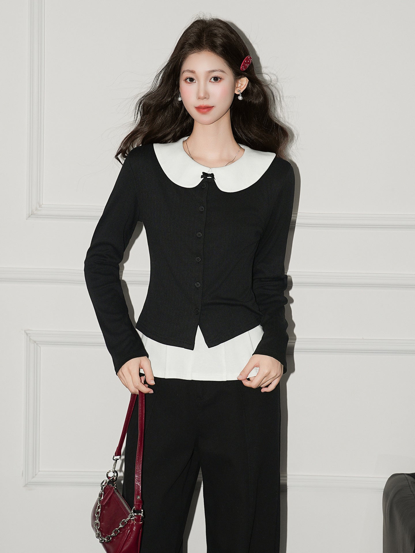 Knit Cardigan & Bow Collar Vest Set - Slim Fit Two-Piece Top