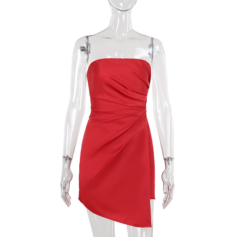 Sexy Bodycon Satin Strapless Bodysuit Short Skirt - Sleeveless Mini Dress
