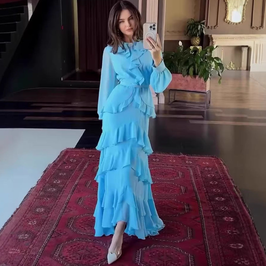 Waist Cinching Mermaid Maxi Dress – Lantern Sleeve Stand Collar Women’s Long Dress | 5 Colors