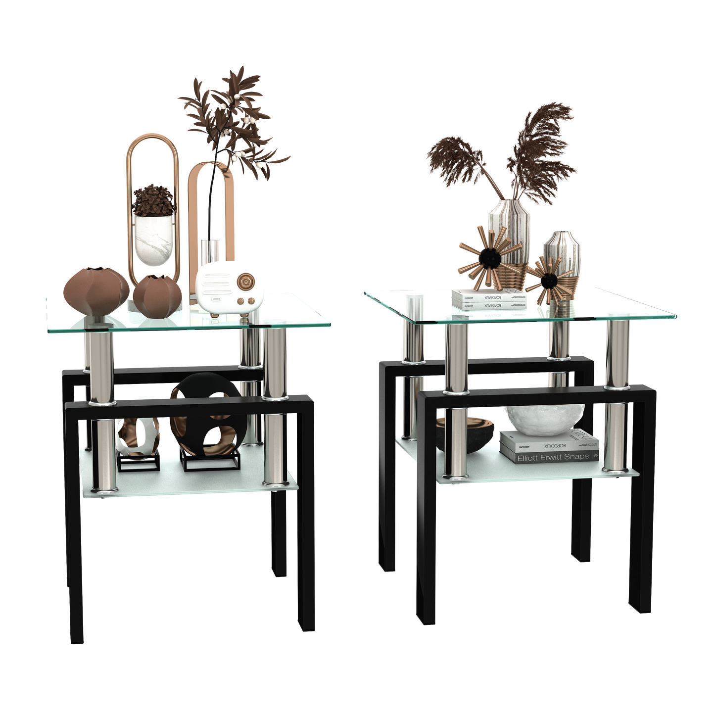 Set of 2 modern square tables made with tempered glass. Sleek, durable, and stylish—perfect as tea tables, coffee tables, or end tables for living rooms.