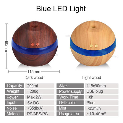 Wooden Aroma Humidifier with LED Light – USB Ultrasonic Essential Oil Diffuser (290ml)