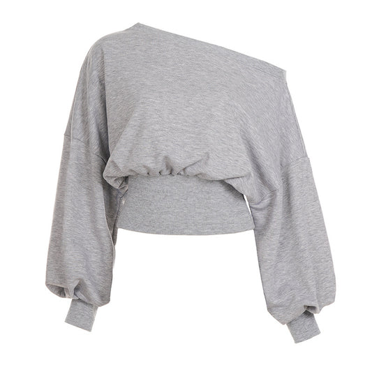 Women's One Shoulder Knit Hoodie – Loose Fit Long Sleeve Pullover Top