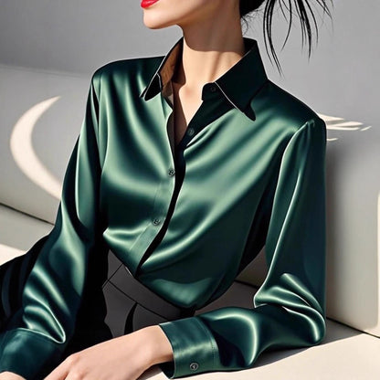 Women’s High-Quality Acetate Satin Shirt – Dark Green Long Sleeve | Elegant Luxury Blouse