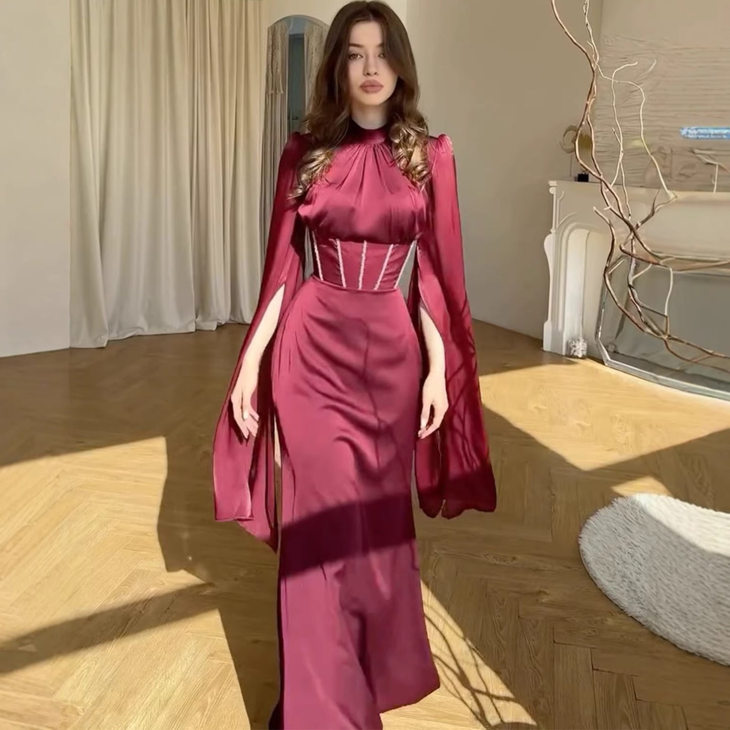 Women's Elegant Slim Fit Long Sleeve Floor-Length Dress – Noble Style, 6 Colors