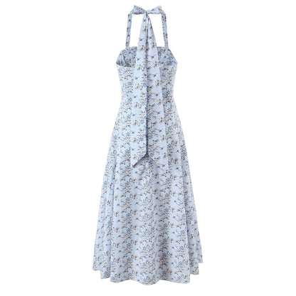 Women's Printed Button-Neck Midi Dress | Cotton | White & Blue