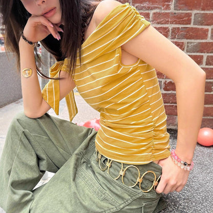 Zarusky One Shoulder Striped T-Shirt – Sexy Off Shoulder Contrasting Top
