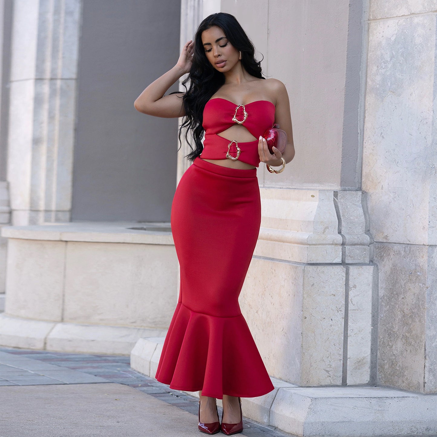 Women's Strapless Crop Top & Maxi Skirt Set – Elegant Commute Two-Piece