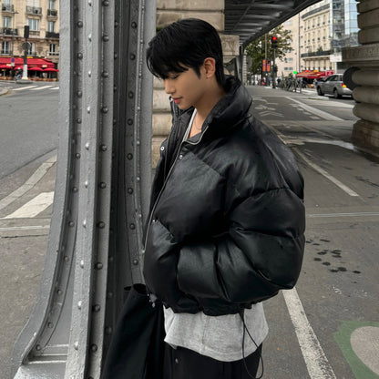 Men’s Retro Luxe PU Leather Cotton Jacket – Short Winter Coat | Loose Fit Warm Commuter Outerwear