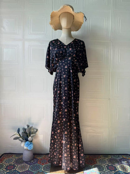 Women's Vintage Floral Puff Sleeve V-Neck Maxi Dress – Champagne & Black