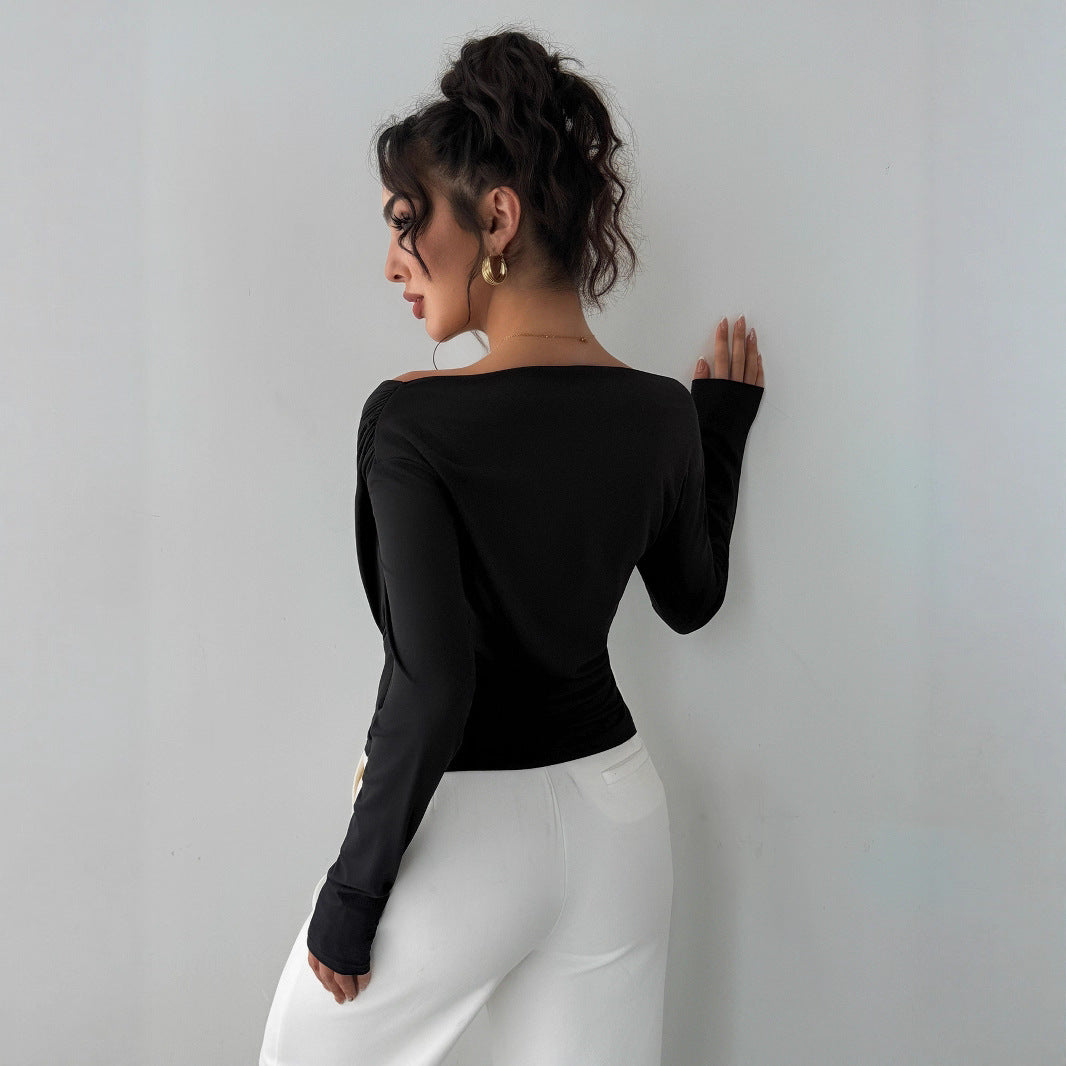 Zarusky Off Shoulder Slanted Collar Shirt – Slim Fit Long Sleeve Top
