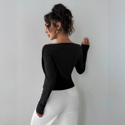Zarusky Off Shoulder Slanted Collar Shirt – Slim Fit Long Sleeve Top